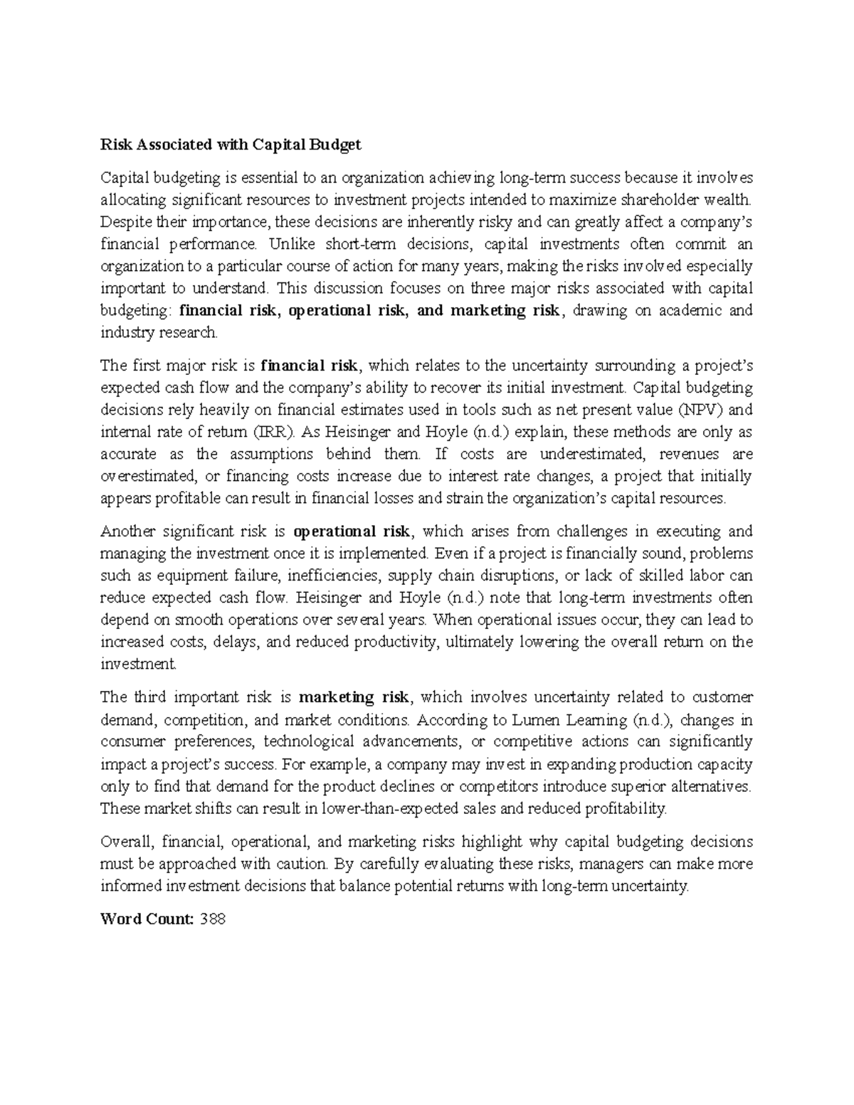 Discussion Assignment Unit 6: Risks in Capital Budgeting - Studocu
