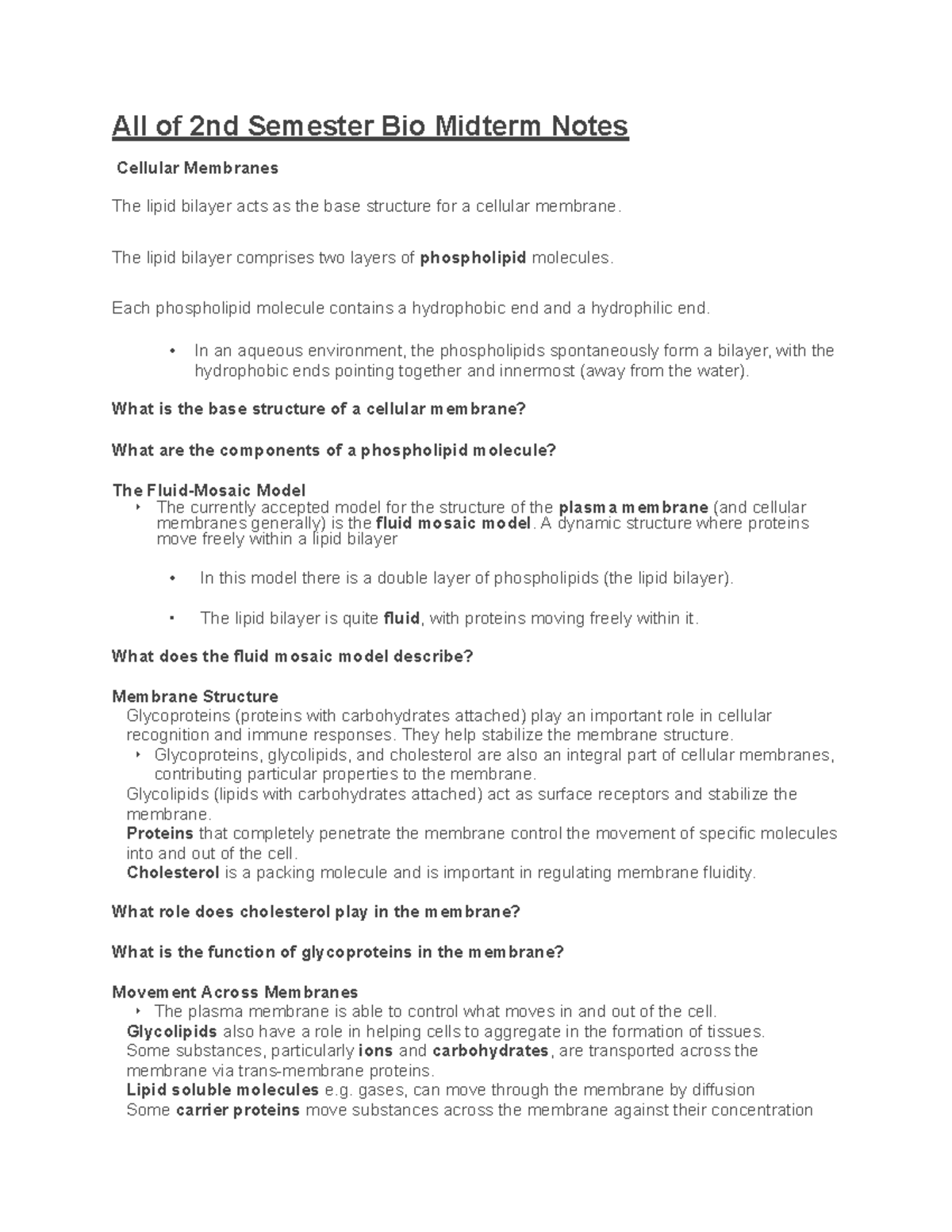 Bio 2nd Sem Midterm Notes - Cellular Membranes and Transport Mechanisms ...