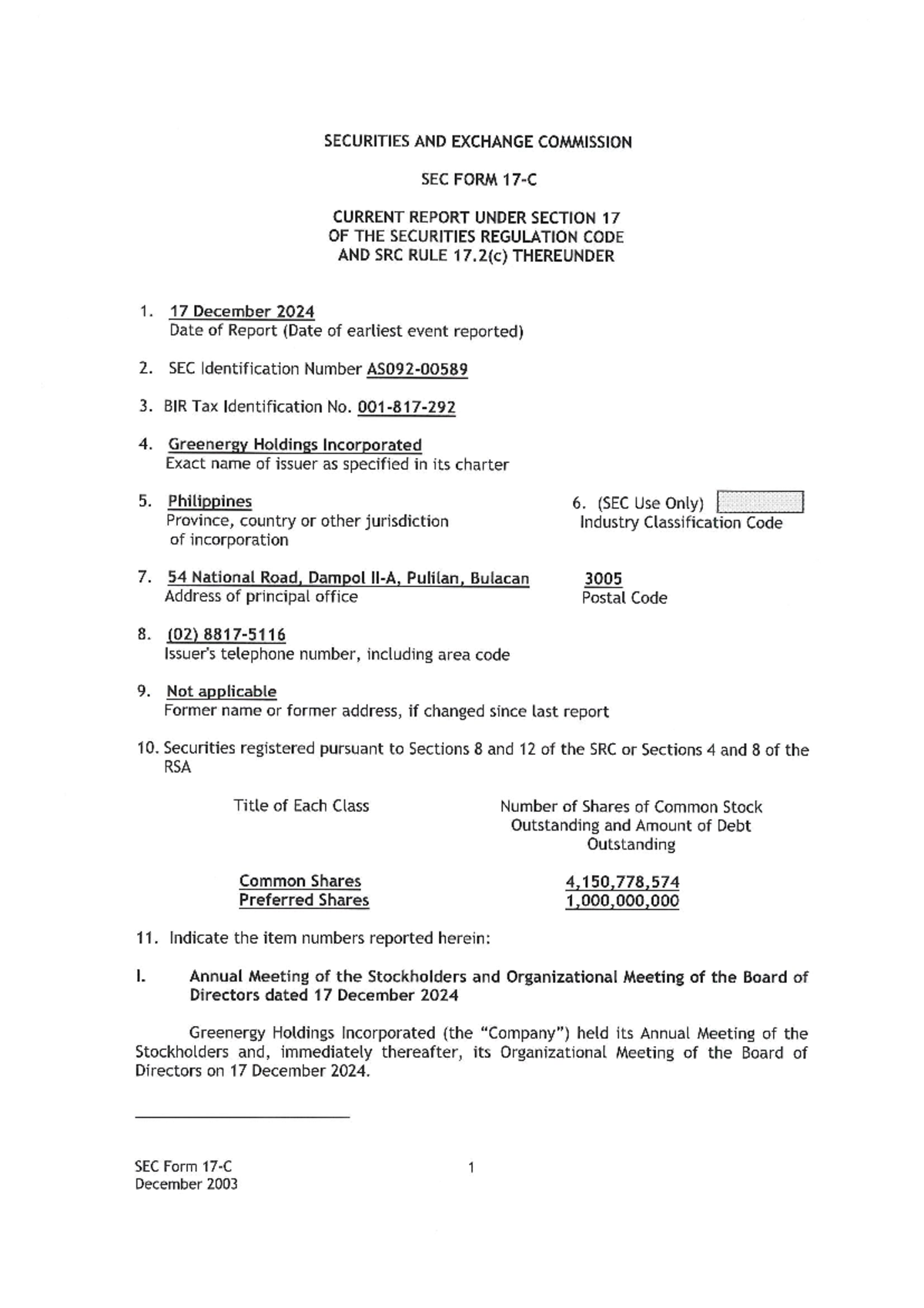 Greenergy Holdings Incorporated SEC Form 17-C 17 December 2024 ...