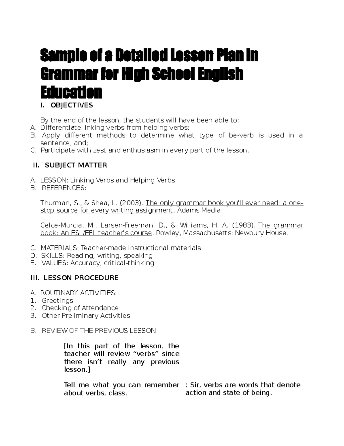 Sample of a Detailed Lesson Plan in Grammar for High School English ...