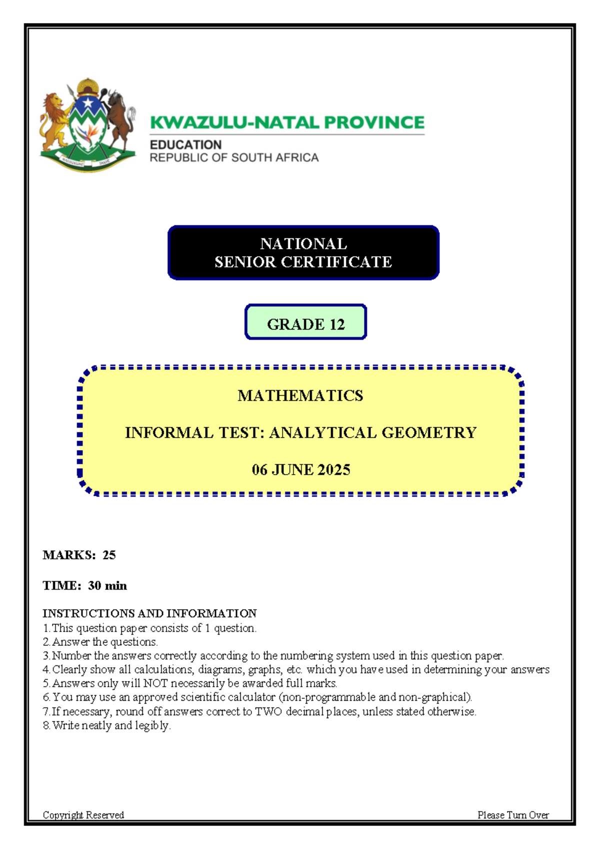 NATIONAL SENIOR CERTIFICATE GRADE 12 MATH INFORMAL TEST: ANALYTICAL ...