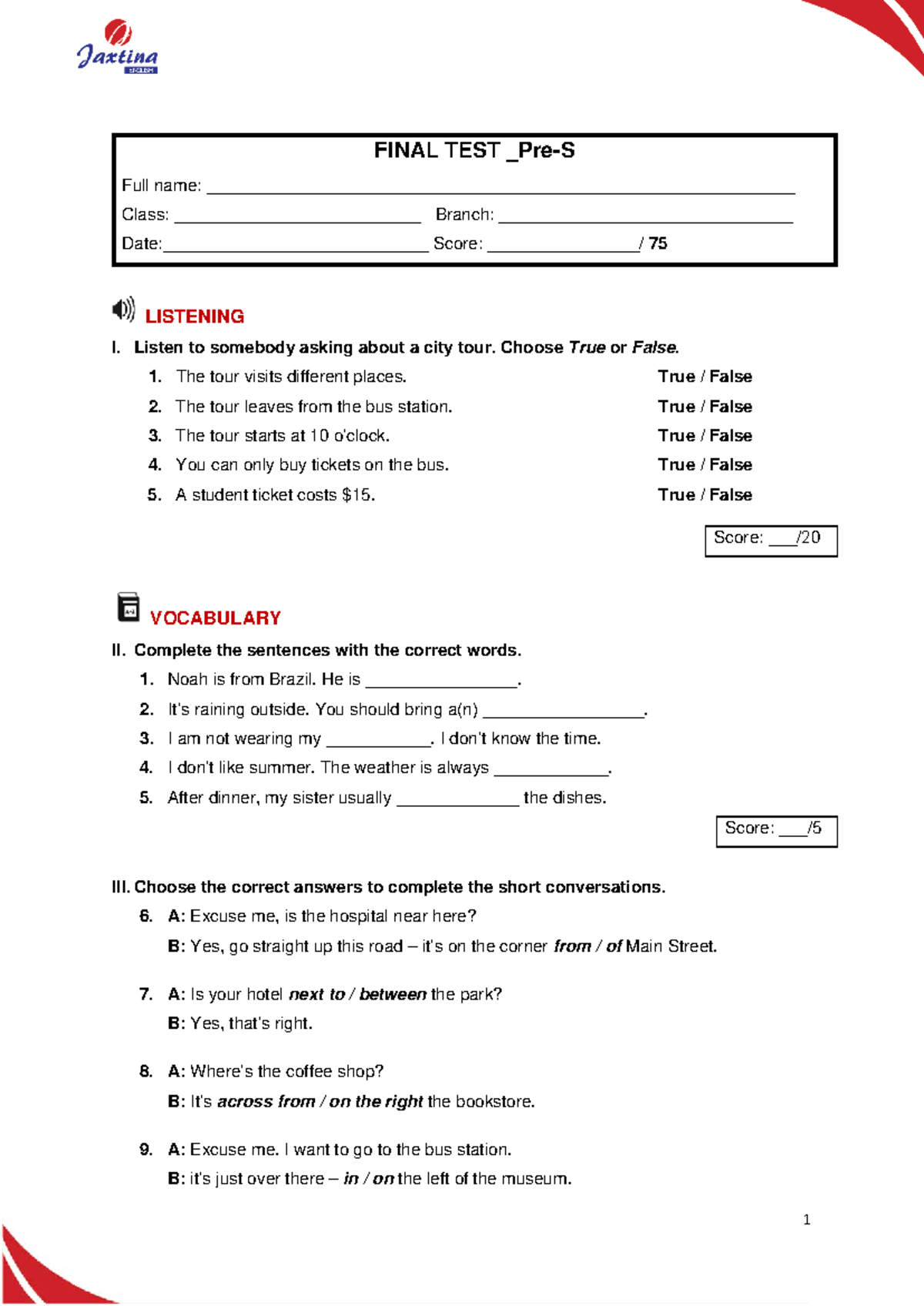 [Pre-S] Final Test 1 Finalized Version - FINAL TEST _Pre-S Full name ...