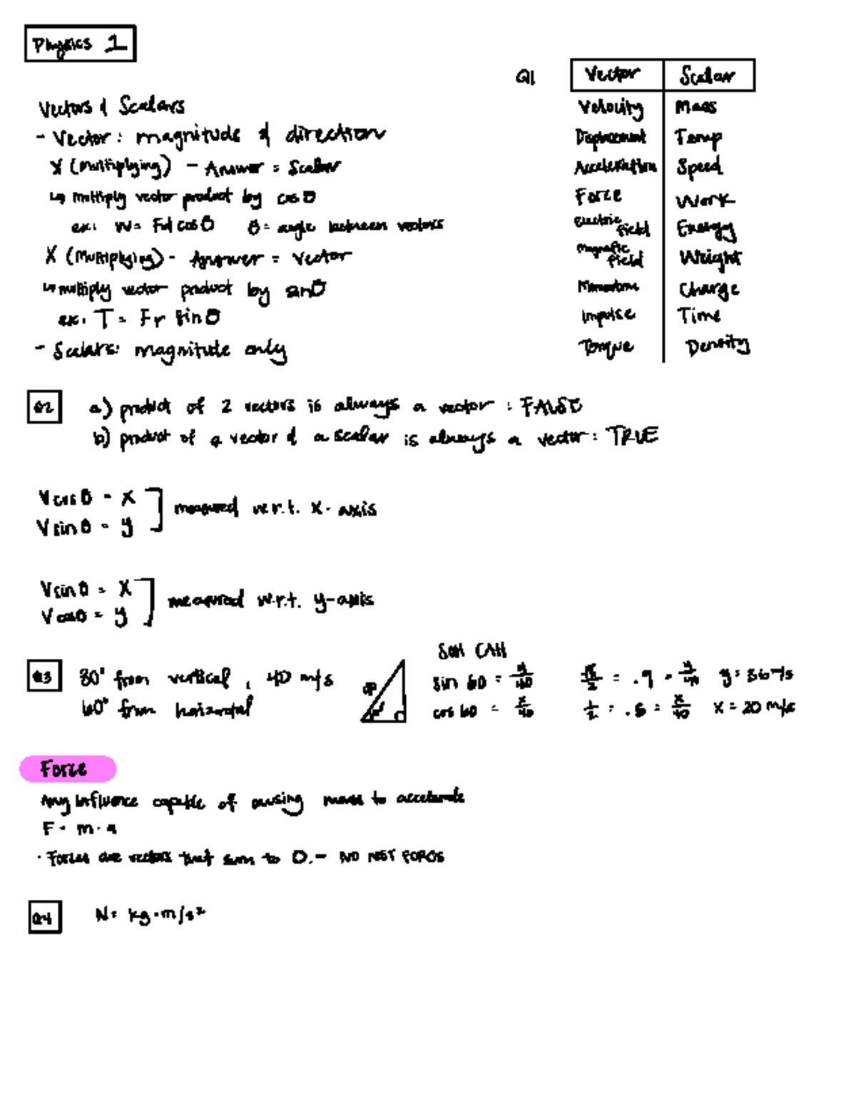 Physics 1: Vectors, Scalars, Newton's Laws, and Motion Concepts Review ...