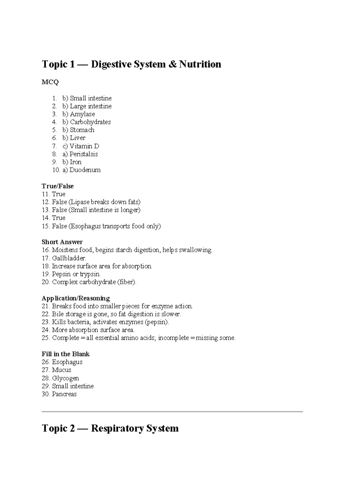 Digestive System & Nutrition MCQs for Course Code: BIO101 - Studocu