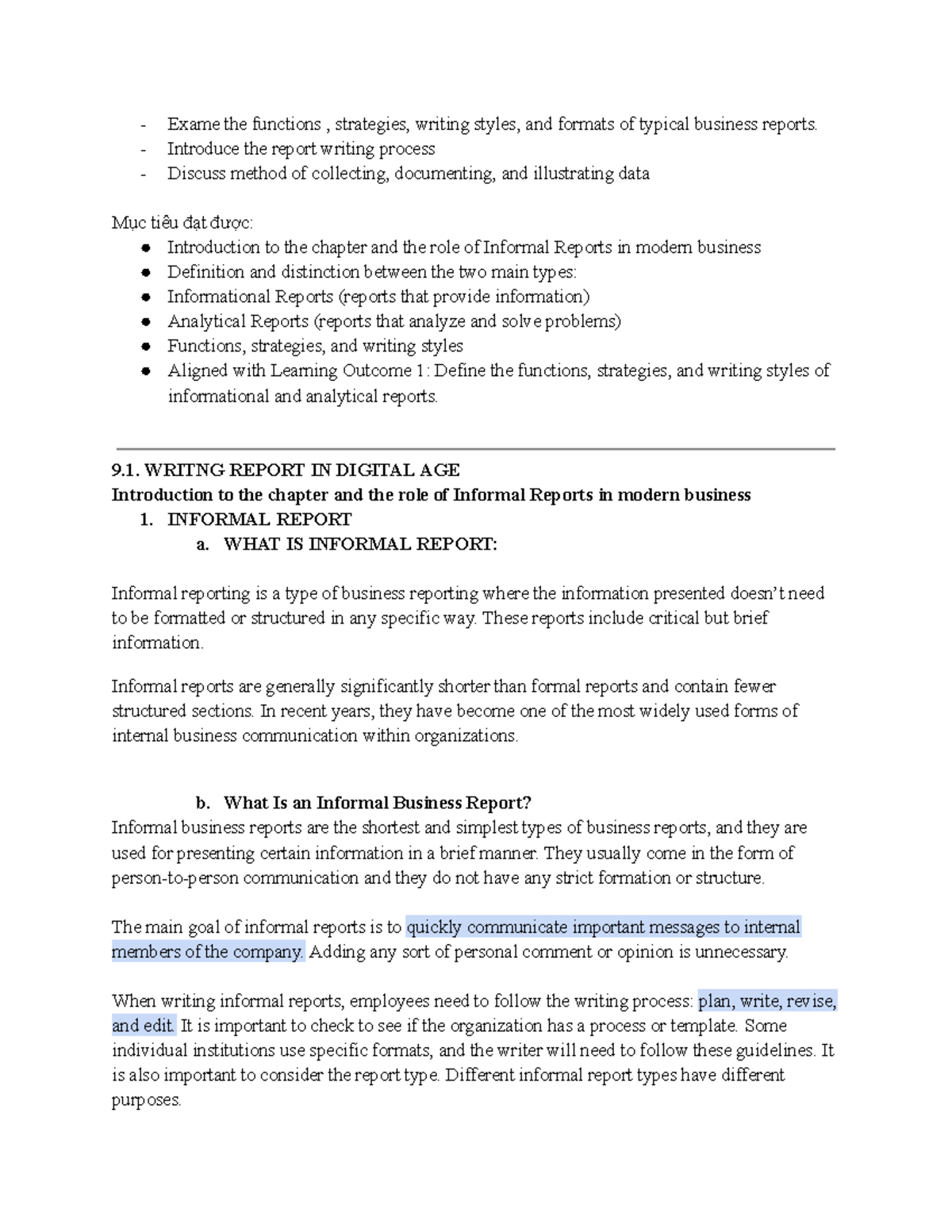 ESP PART 1: Understanding Informal and Formal Business Reports - Studocu