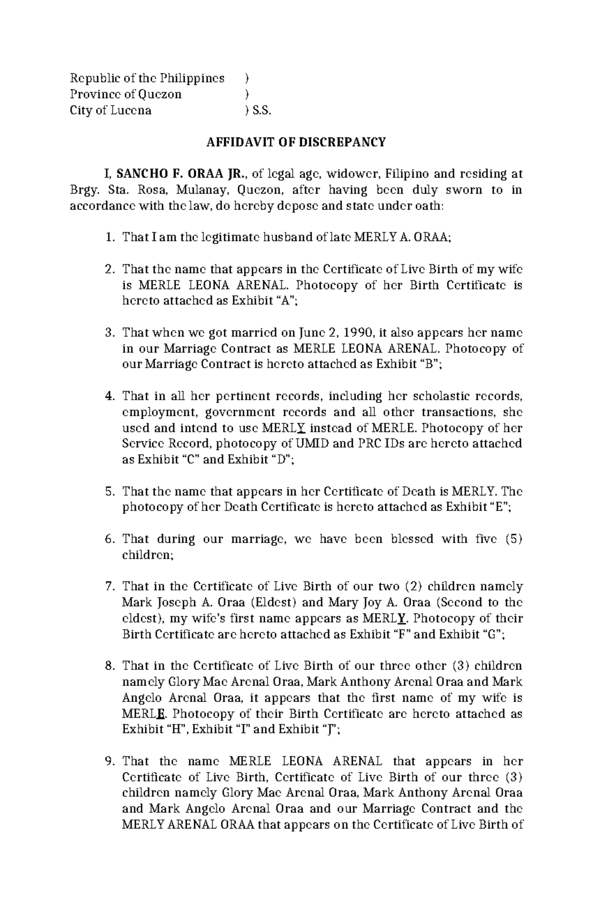 Affidavit of Discrepancy by Sancho Oraa - Legal Document - Studocu