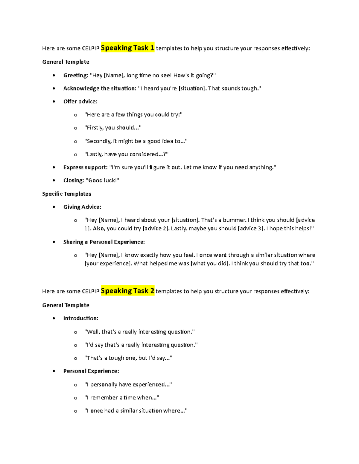 CELPIP Speaking Task Templates: Effective Response Strategies - Studocu