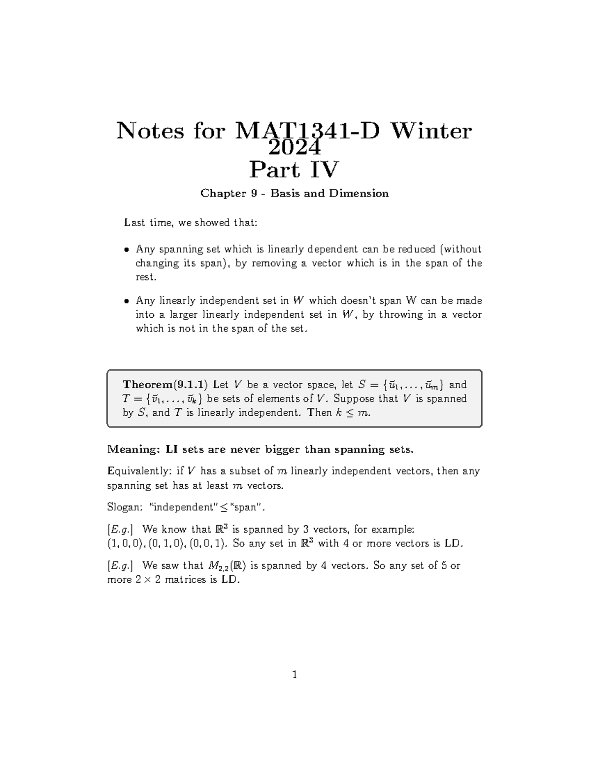 MAT 1341 Lecture Notes - Chapter 9 & 10: Basis and Dimension - Studocu