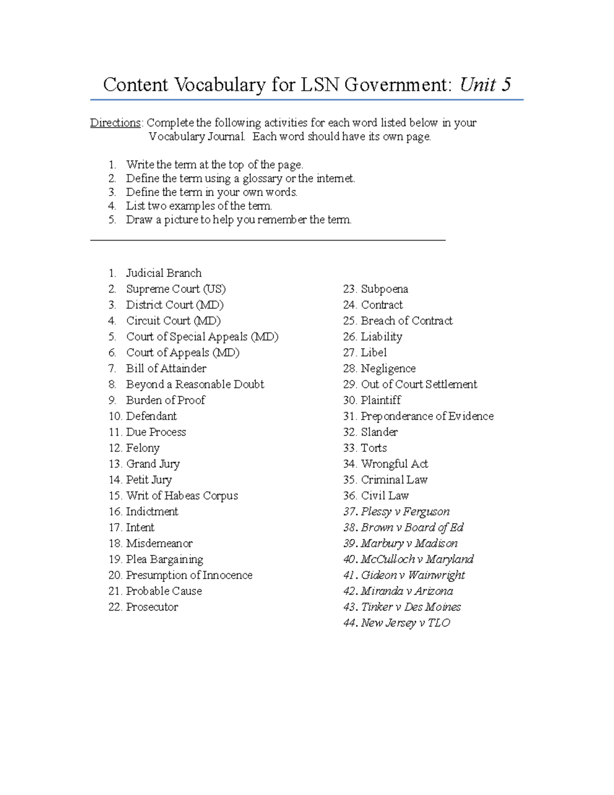 Unit 5 Vocabulary for LSN Government - Content Vocabulary for LSN ...