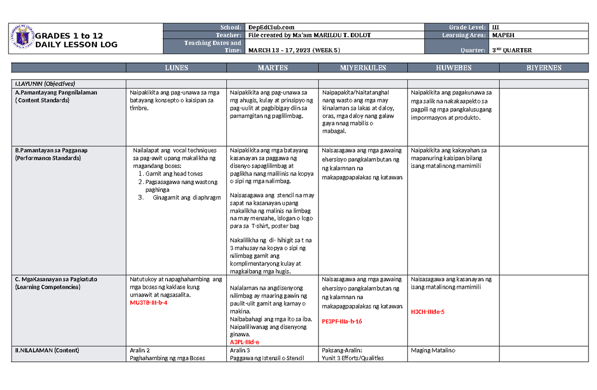DLL MAPEH 3 Q3 W5 - Weekly Lesson Log for Grade III - Studocu