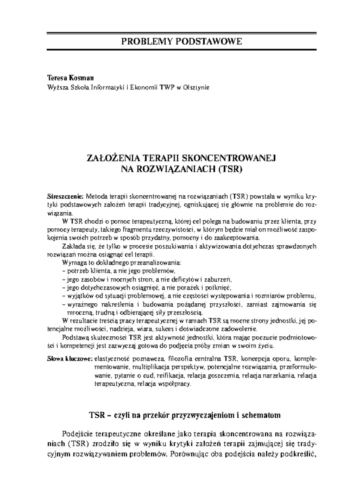 Terapia Skoncentrowana na Rozwiązaniach (TSR) - Kluczowe Założenia i Przykłady - Document Preview