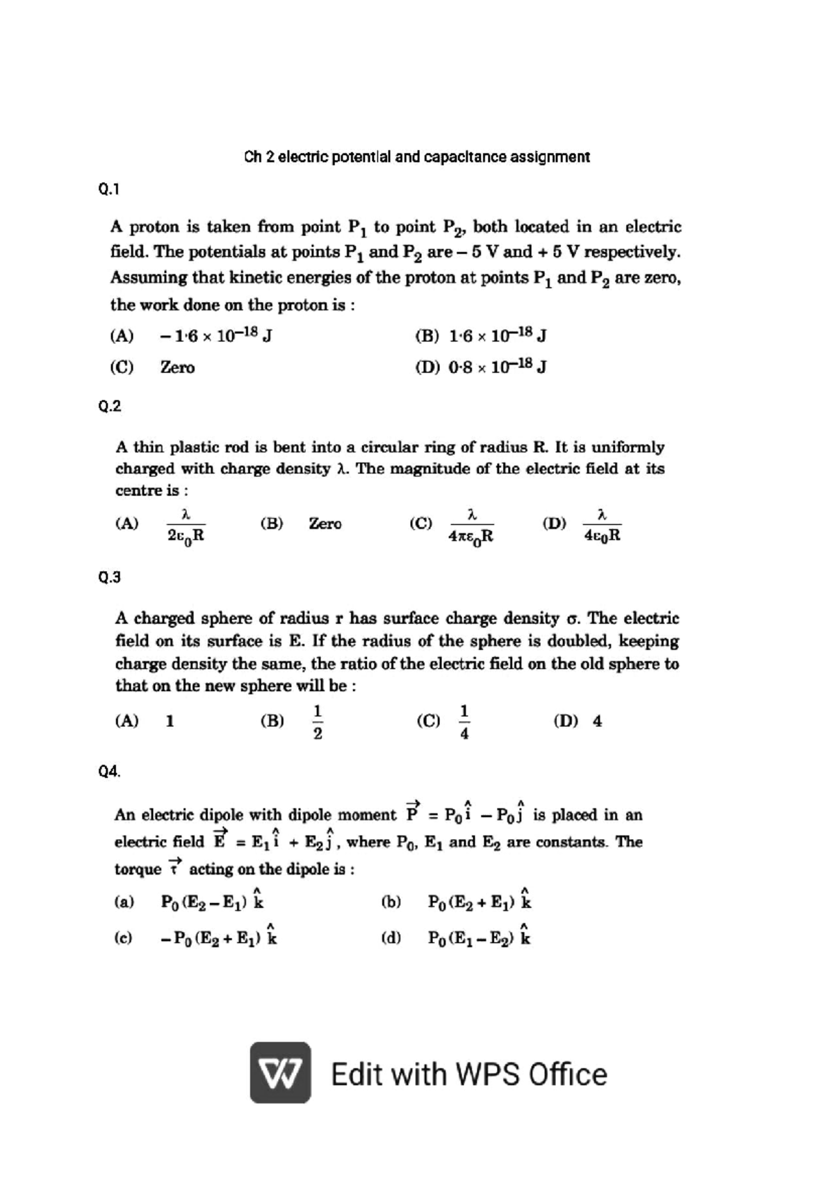 Ch 2 Potential and Capacitance Assignment Questions and Solutions - Studocu