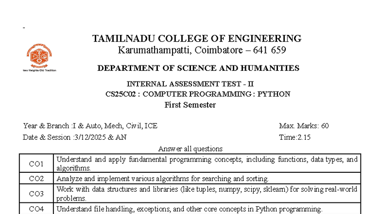 CS25C02 Internal Assessment II: Important Python Questions - Studocu