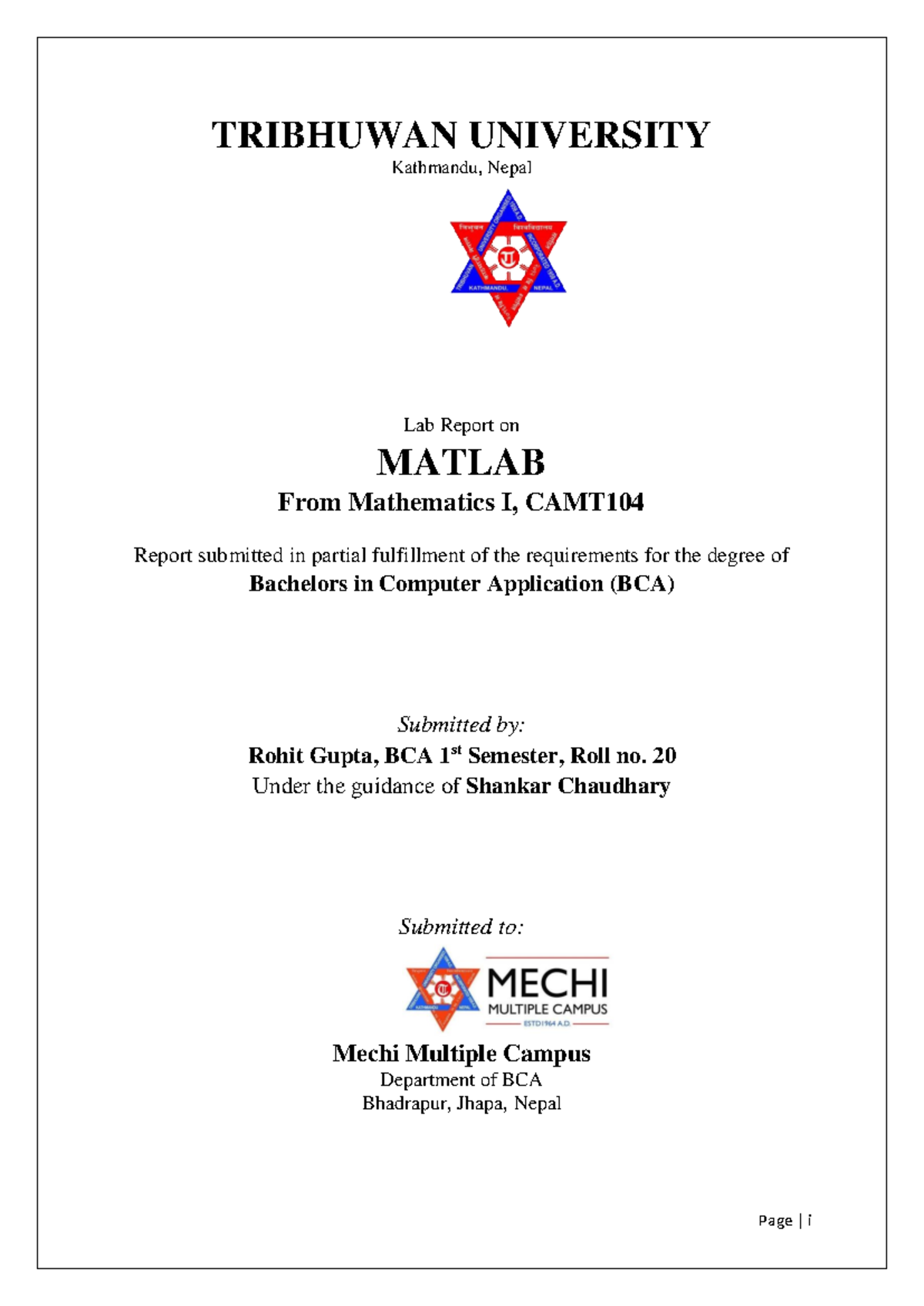 BCA 1st Semester Lab Report on MATLAB Functions and Applications - Studocu