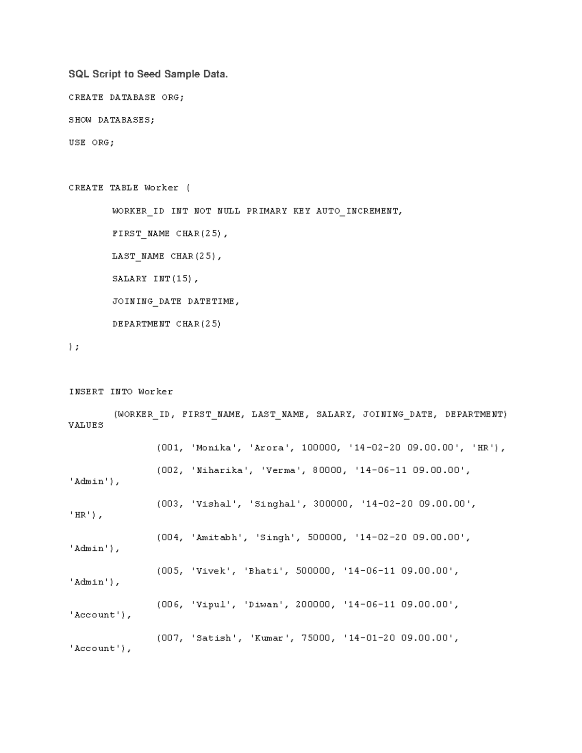 SQL Practice - SQL Script to Seed Sample Data. CREATE DATABASE ORG ...