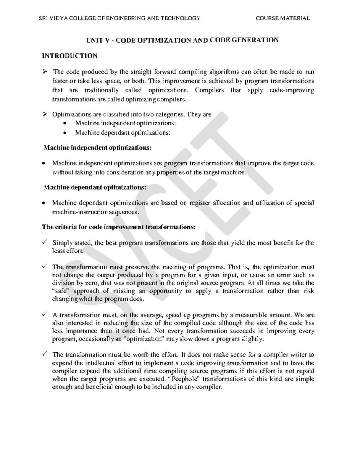 SRI VIDYA COLLEGE OF ENGINEERING AND TECHNOLOGY UNIT V CODE ...