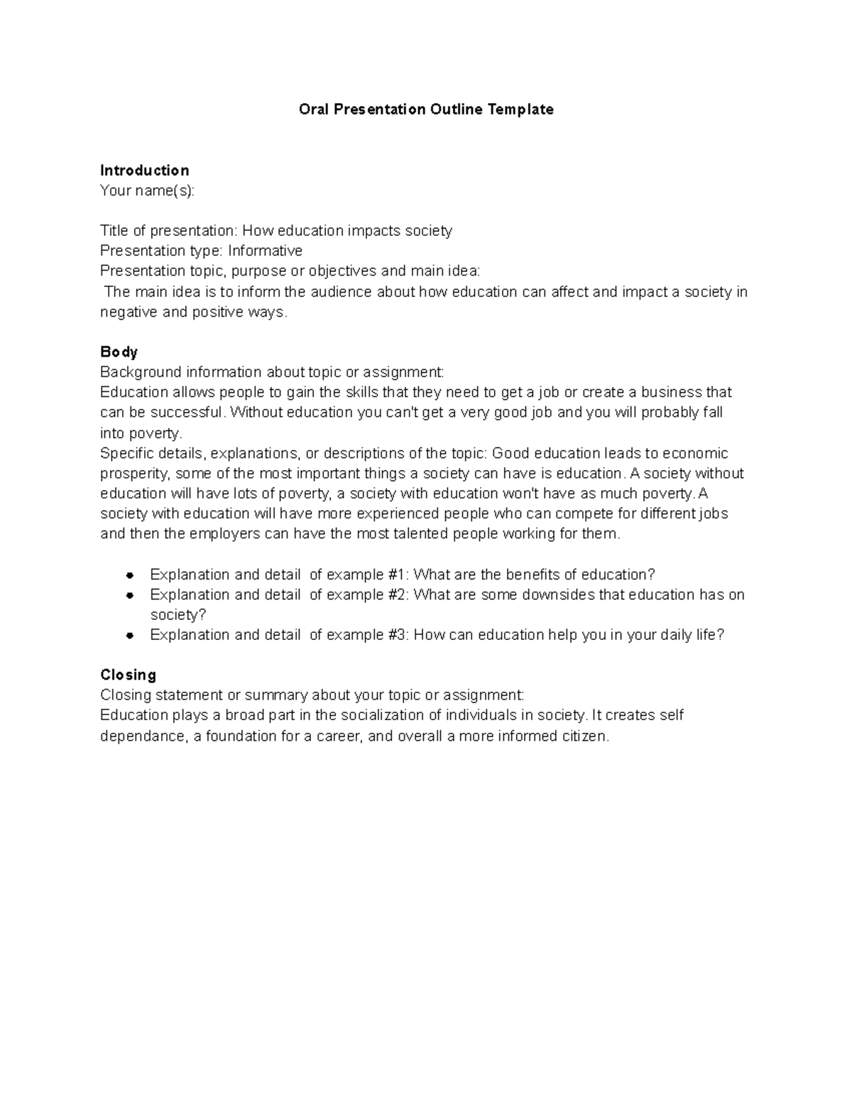 Oral Presentation Outline Template - Oral Presentation Outline Template ...