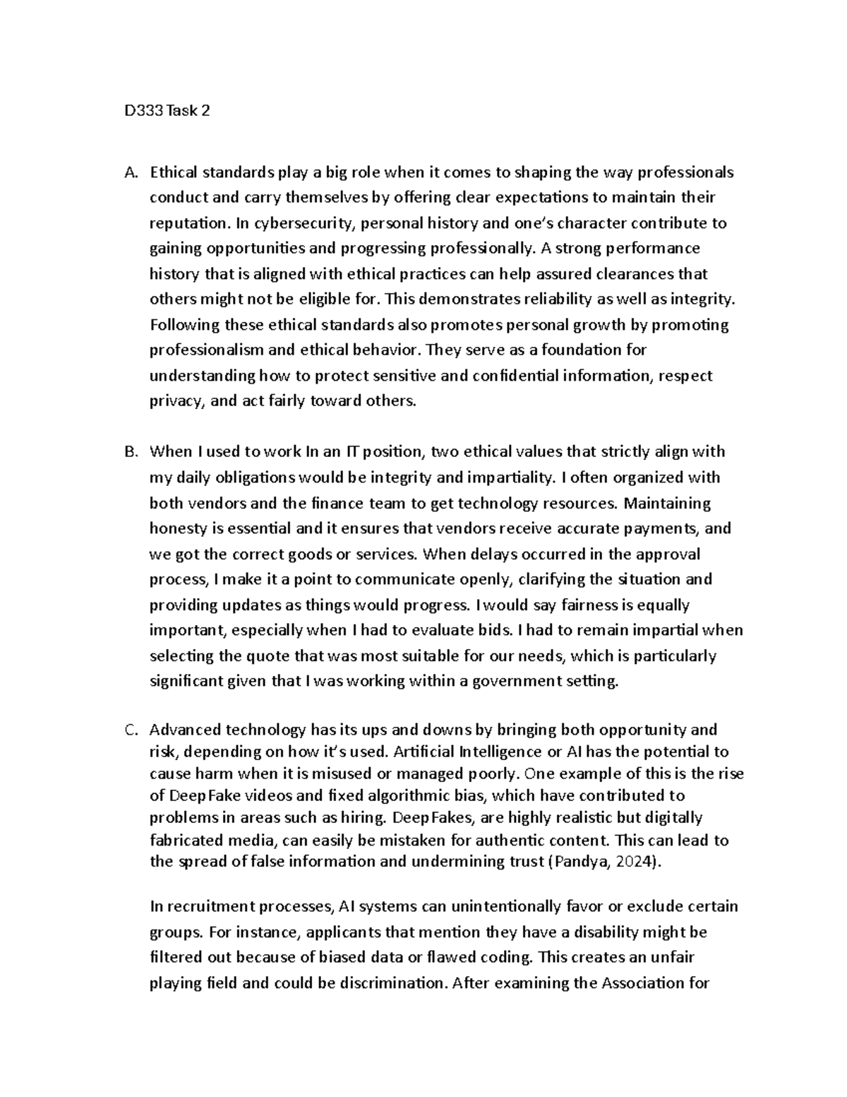 WGU D333 Task 2: Ethical Standards in Cybersecurity and AI Risks - Studocu