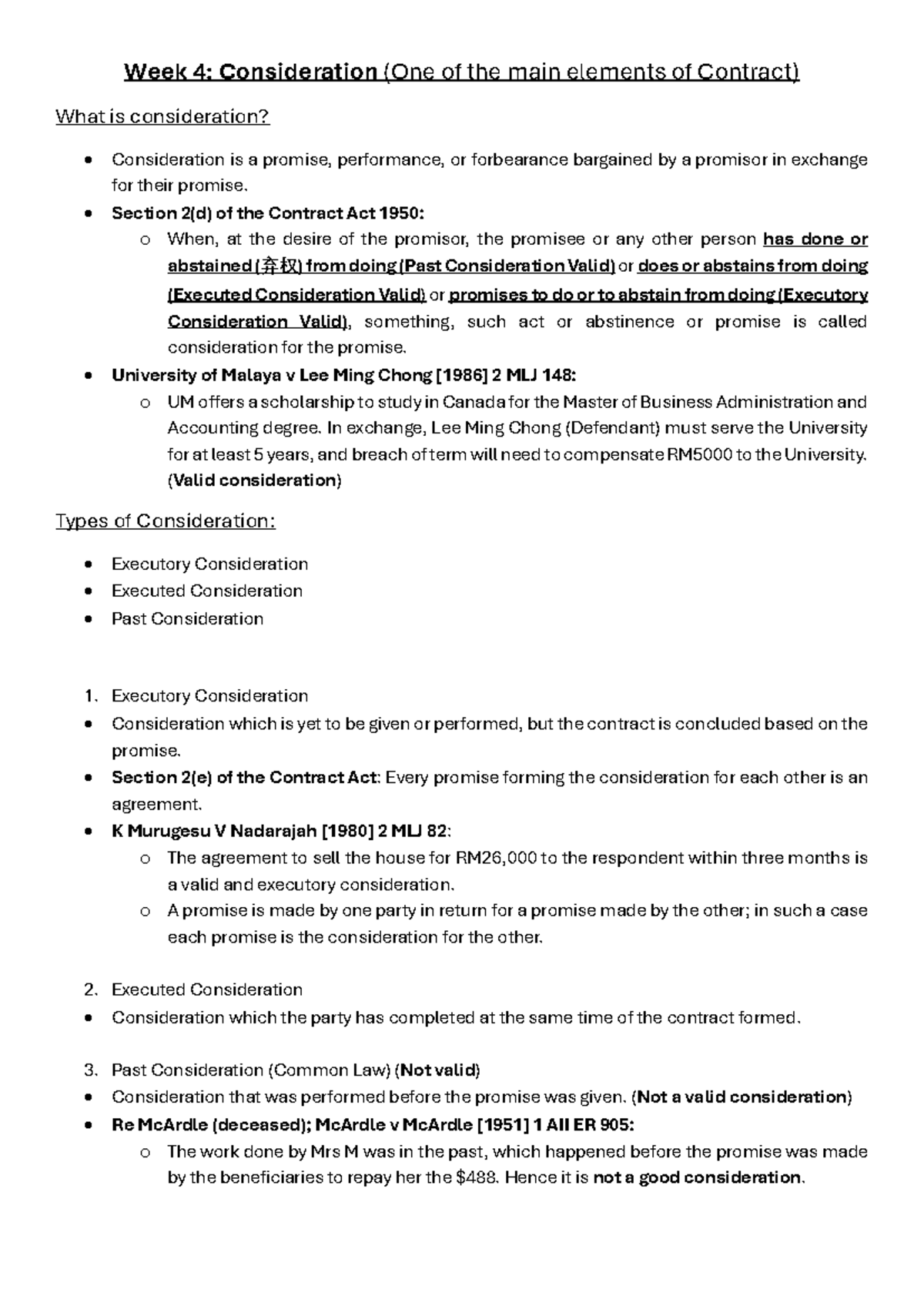Week 4: Consideration in Contract Law - Key Concepts and Cases - Studocu