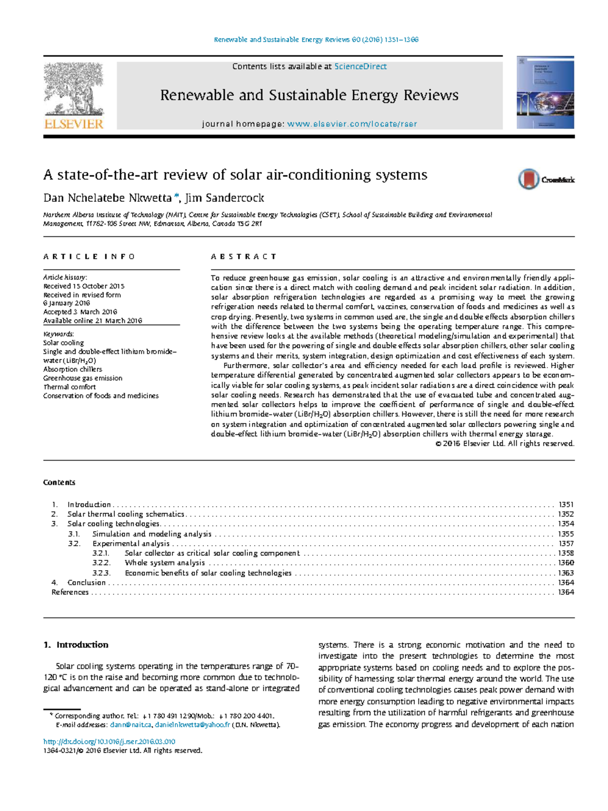 A Review of Solar Cooling Systems: Insights and Innovations (CSET 2016 ...