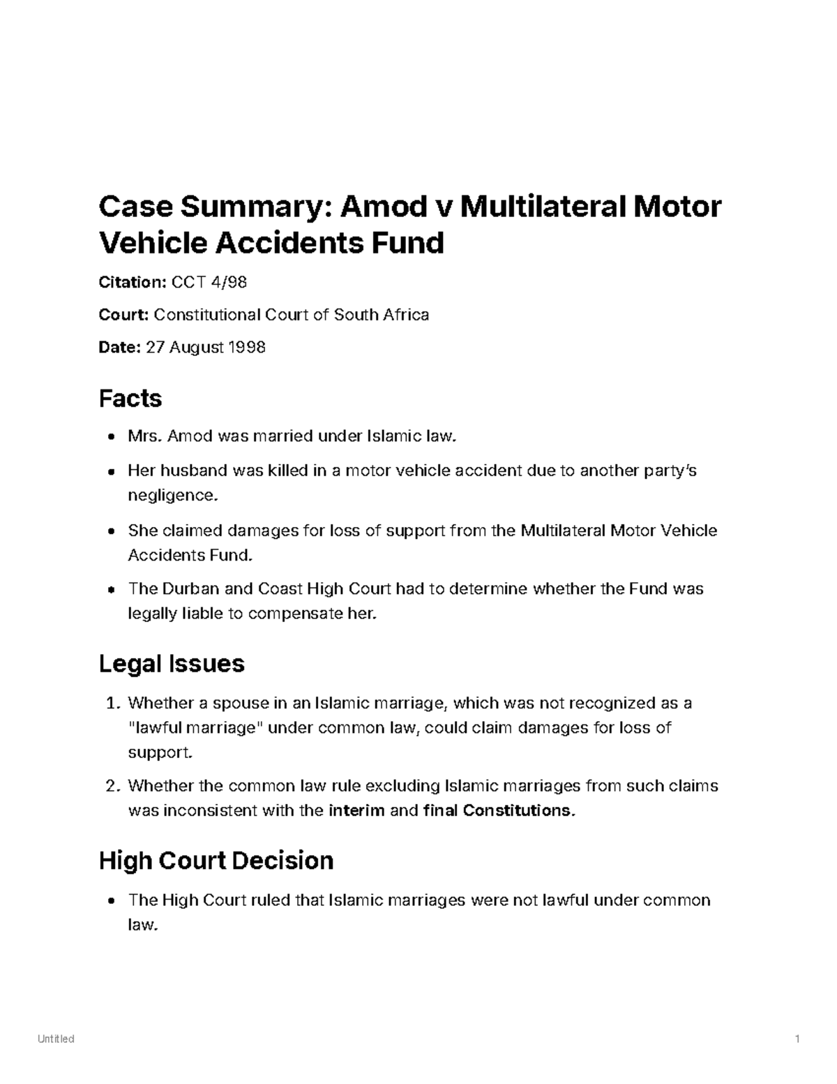 Case Summary: Amod v Multilateral Motor Vehicle Accidents Fund (CCT ...