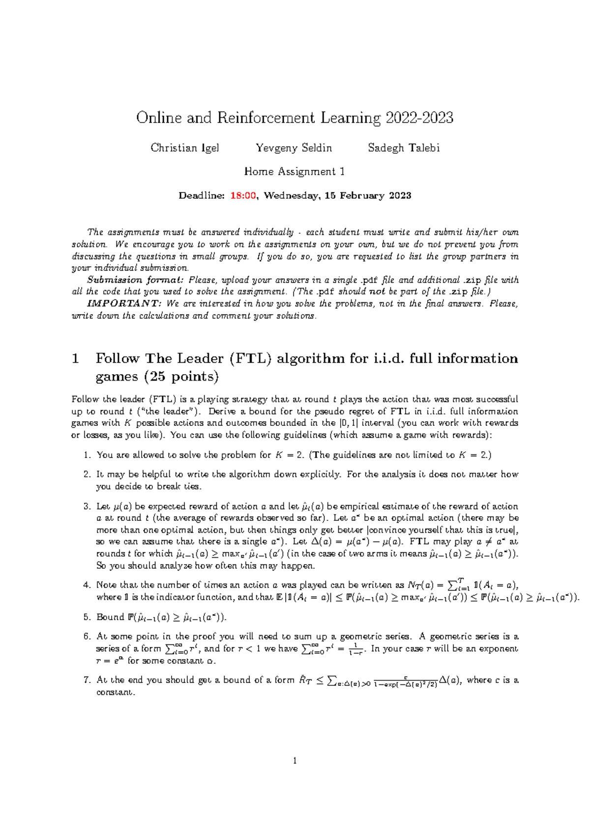 OREL Assignment 1: Follow The Leader Algorithm and Enhanced UCB1 Analysis - Document Preview