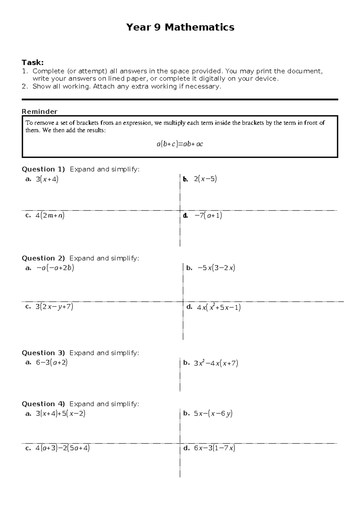 Year 9 Mathematics Task: Simplifying Expressions Practice - Studocu
