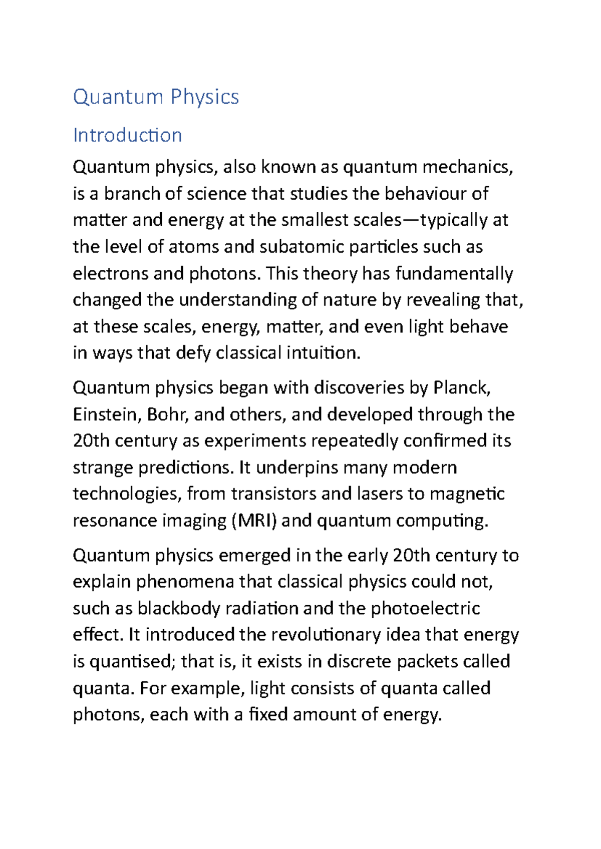 Quantum Physics Introduction: Key Concepts and Applications (PHYS 101 ...