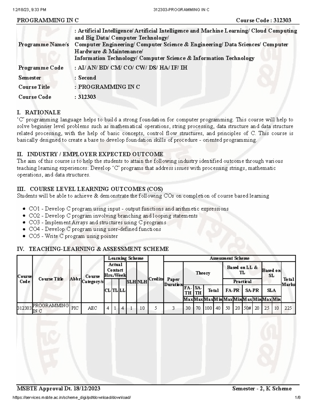 312303 Programming IN - PROGRAMMING IN C Course Code : 312303 Semester ...
