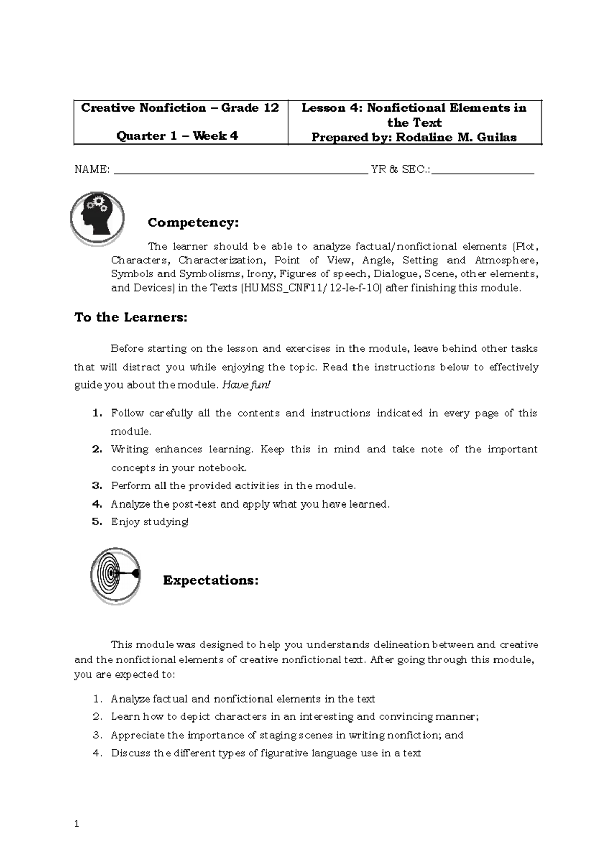 Creative Nonfiction Lesson 4: Analyzing Nonfictional Elements (HUMSS ...