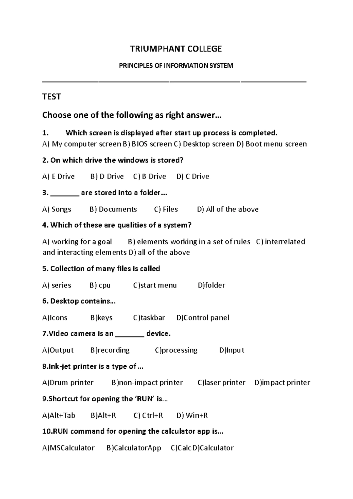 Principles of Information System - Test No 1: MS Word Formatting Guide ...