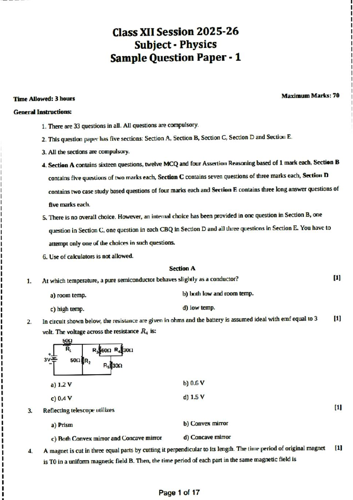 Class XII Physics Sample Question Paper 1 - 3 Hours, 70 Marks - Studocu