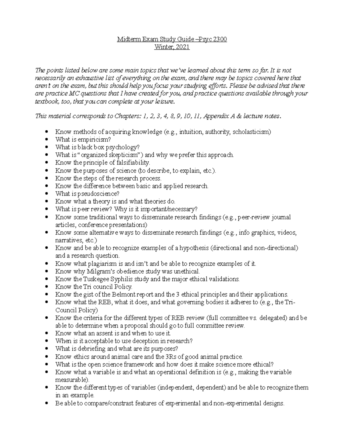 Midterm Study Guide for PSYC 2300: Key Topics and Concepts - Studocu