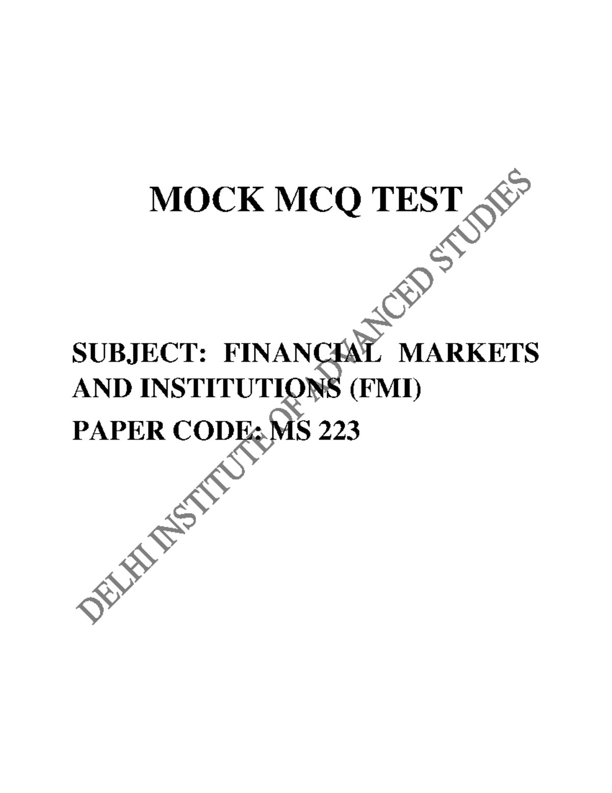 MBA 223 Mock MCQ Test on Financial Markets & Institutions - Studocu