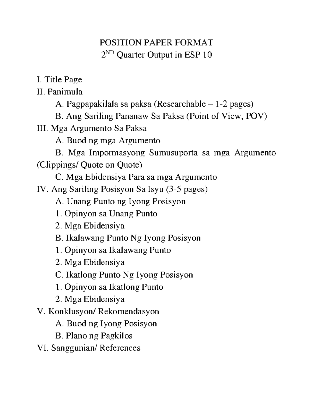 ESP 10 2ND Quarter Final Output: Position Paper Structure Guide - Studocu