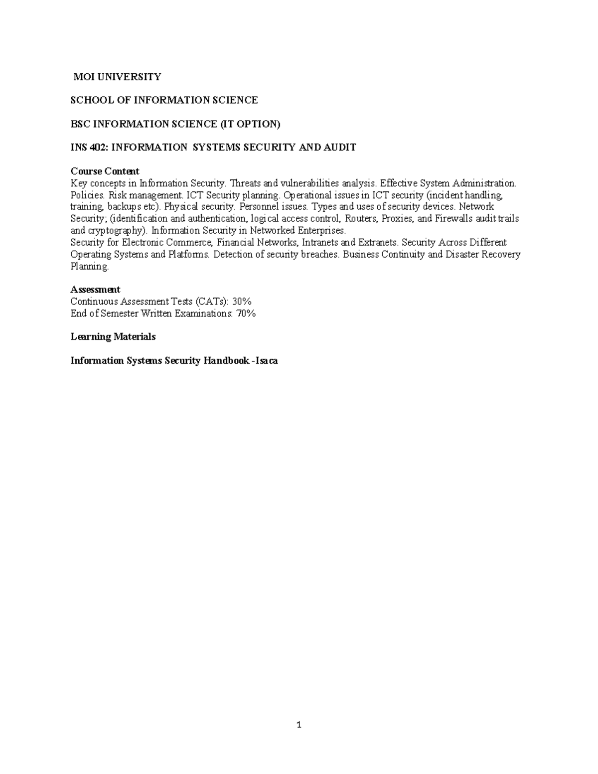 INS 402: Lecture 1 - Fundamentals of Information Security - Studocu