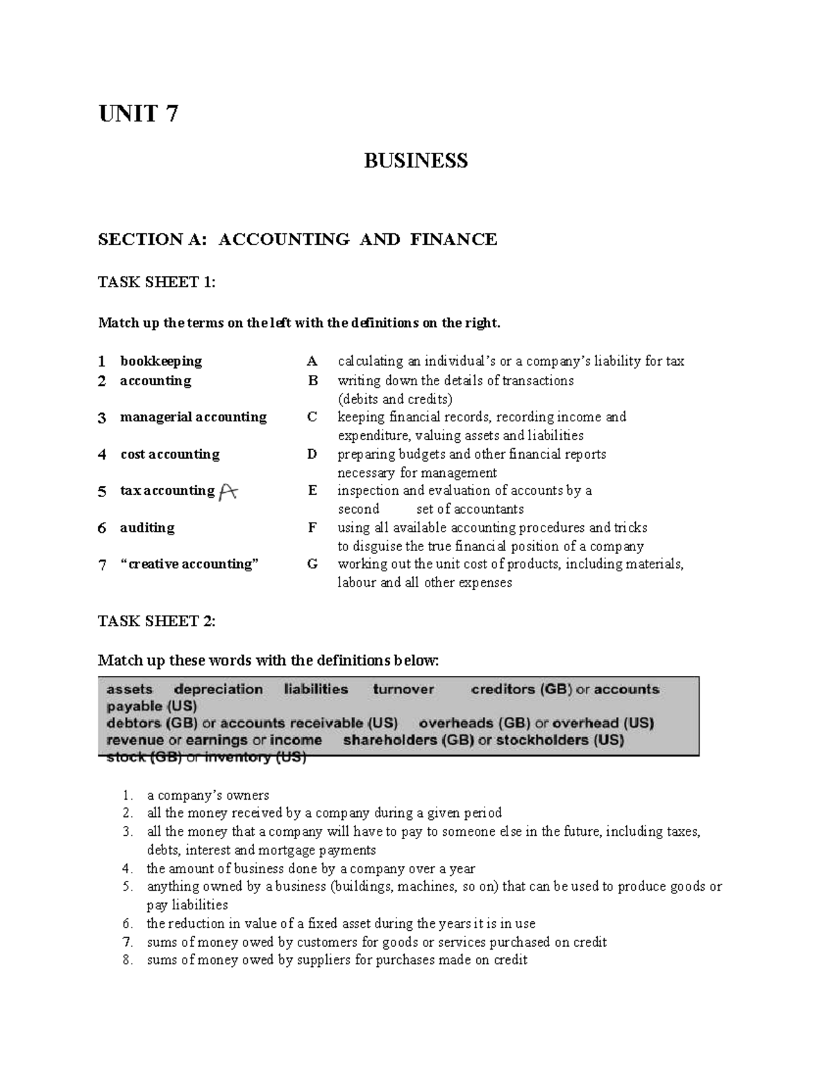 UNIT 7: ACCOUNTING & FINANCE TASK SHEET VOCABULARY MATCHING EXERCISES ...
