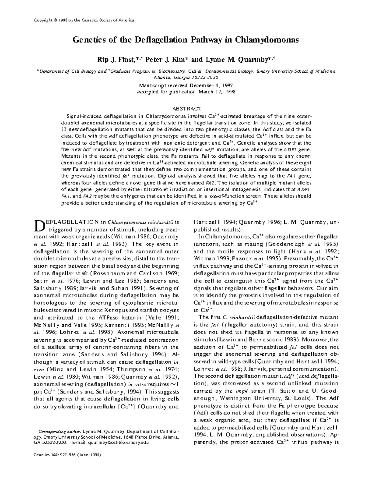 Genetics of the Deflagellation Pathway in Chlamydomonas (Genetics 149 ...