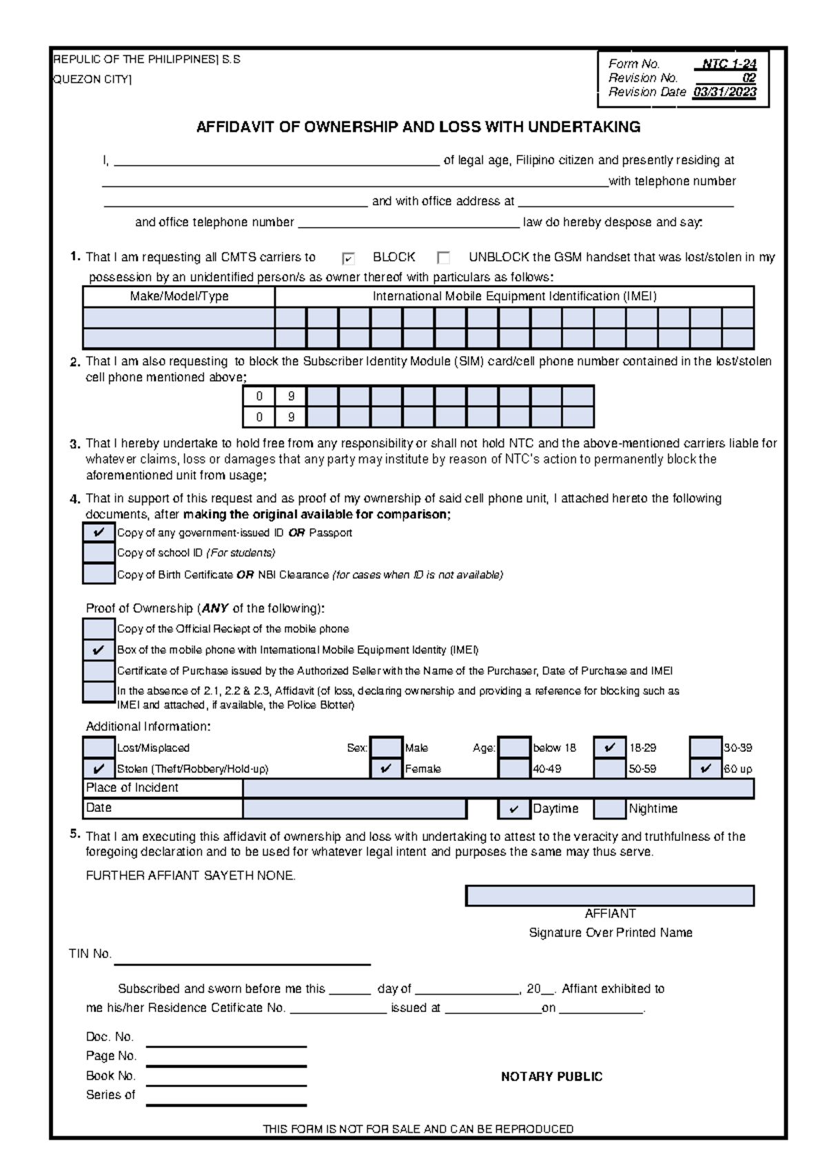 Form No. NTC 1-24 Affidavit OF Ownership AND LOSS WITH Undertaking ...