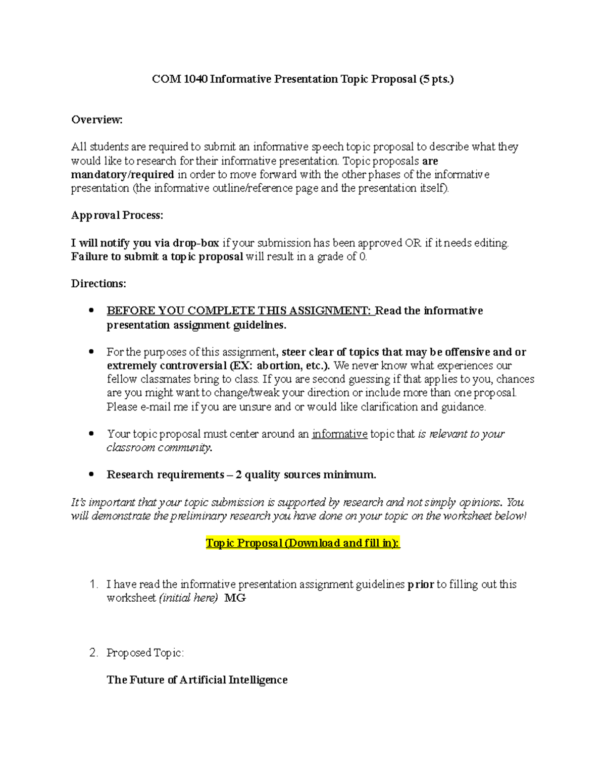 COM 1040 Informative Speech Topic Proposal on AI Evolution and Future ...