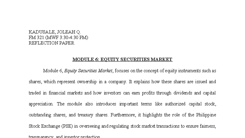 FM 321 Reflection Paper: Module 6 - Equity Securities Market - Studocu