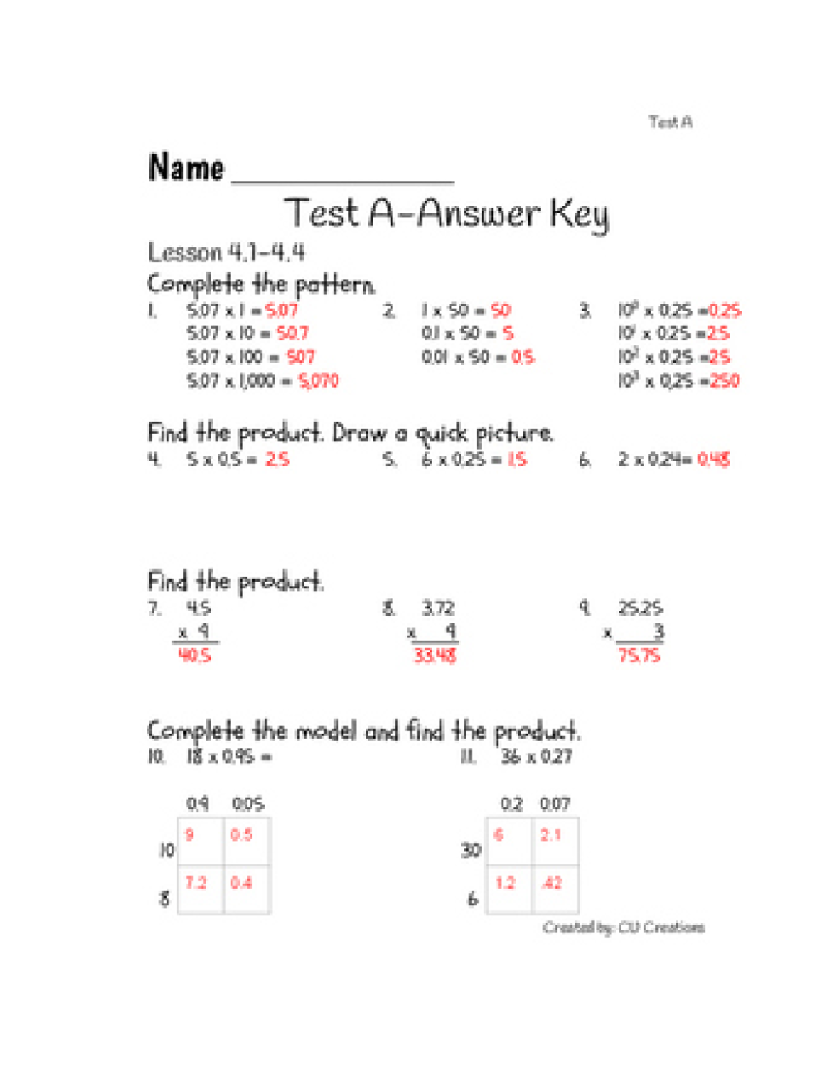 Math Test A Answers: Lesson Key & Pattern Products - Studocu
