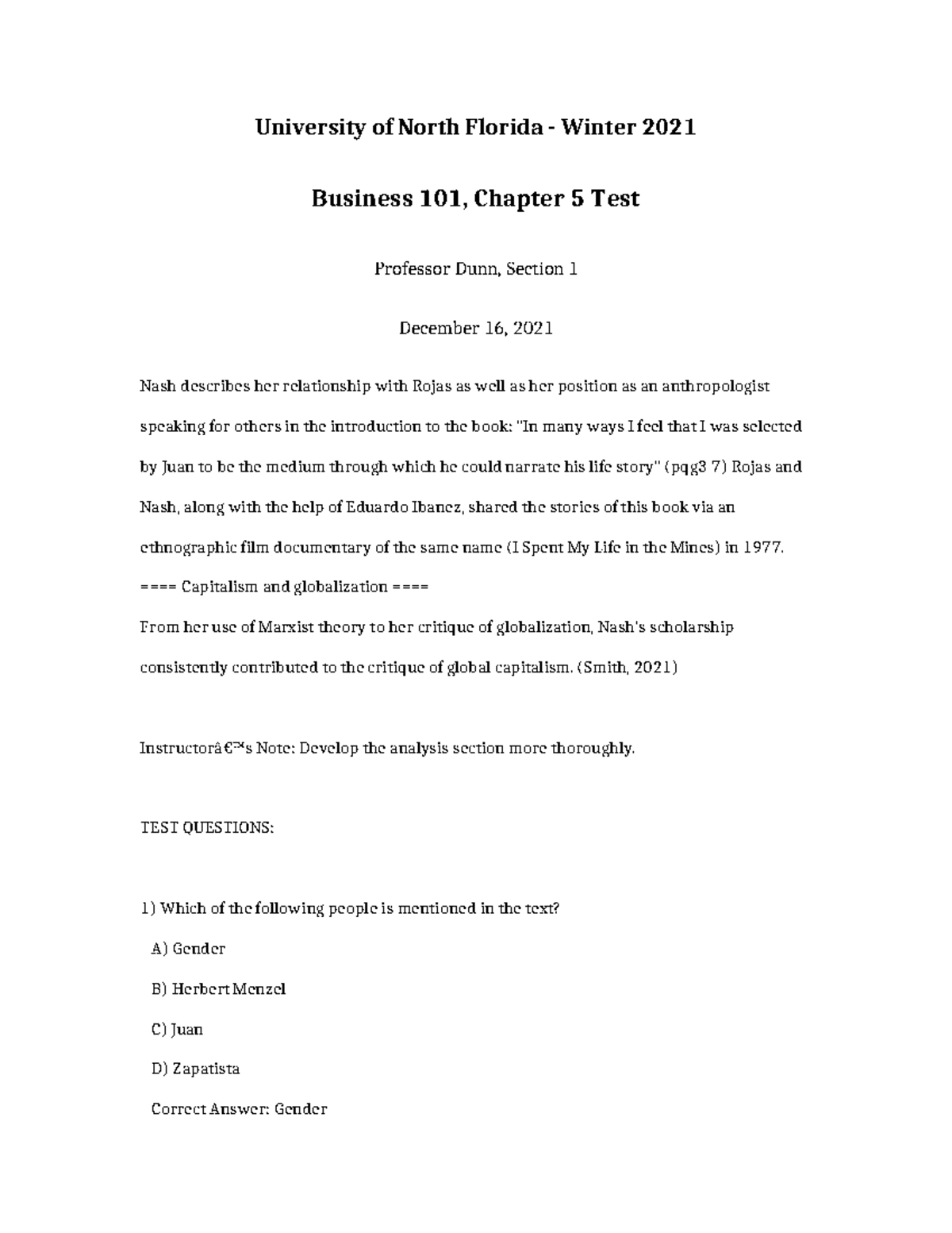 Business 101 Winter 2021 Chapter 5 Test Review - Professor Dunn - Studocu