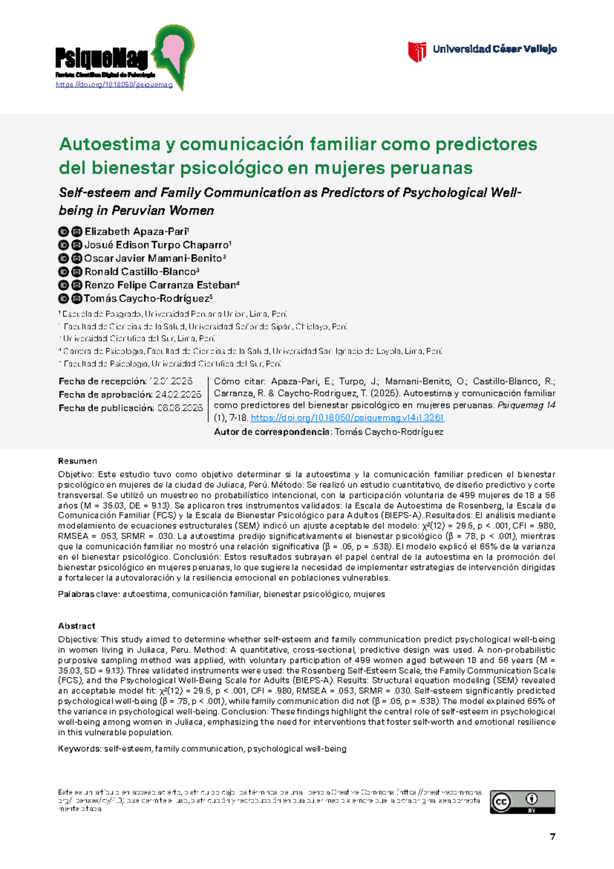 "Psiquemag ES-1-12: Autoestima y Comunicación Familiar como Predictores de Bienestar Psicológico en Mujeres Peruanas" - Document Preview