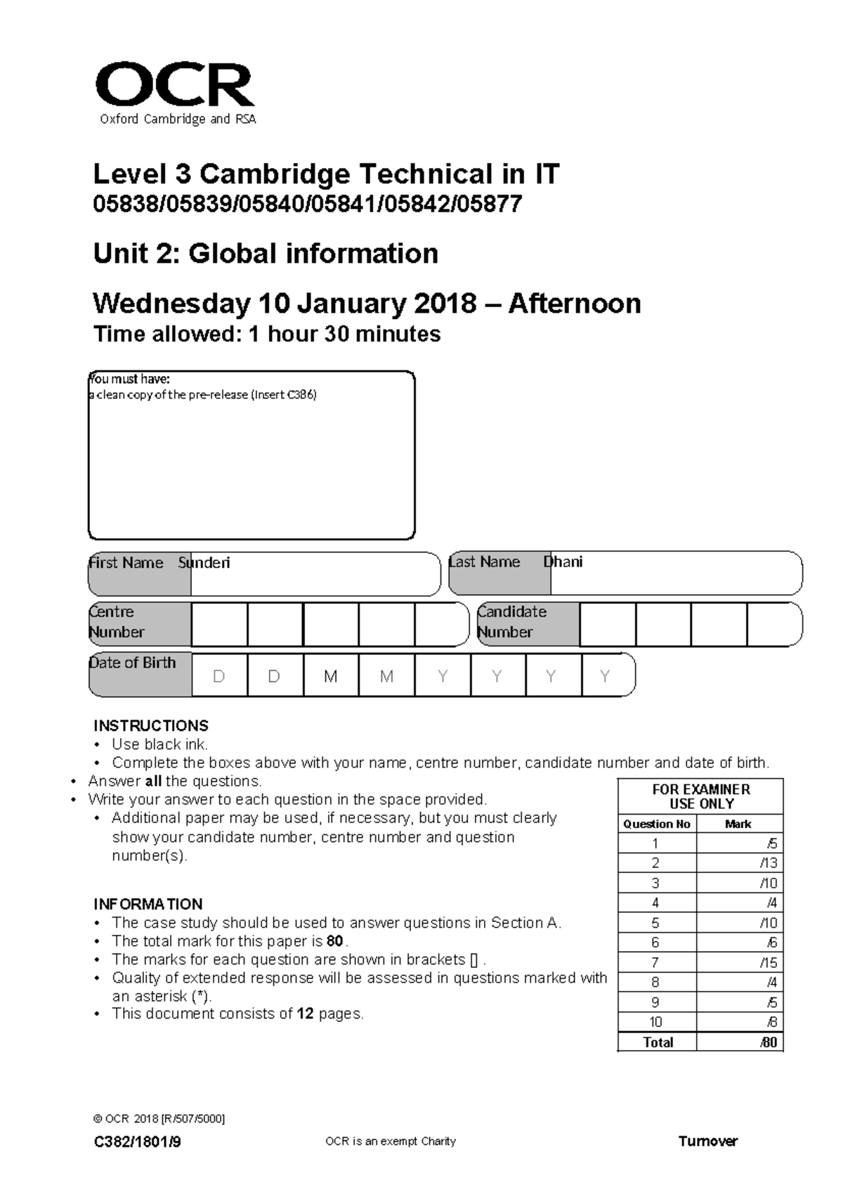 OCR Level 3 Cambridge Technical IT Unit 2: Global Information Exam ...