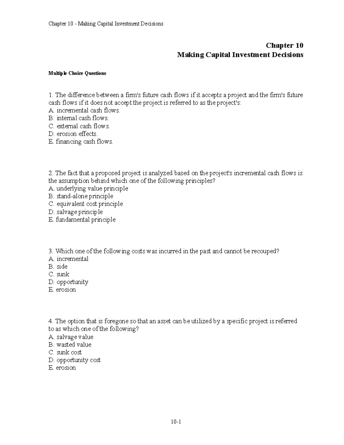 Capital Budgeting - Testbank - Chapter 10 Making Capital Investment ...