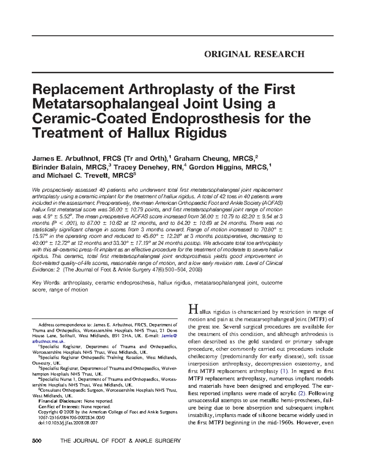 Replacement Arthroplasty of the First MTP Joint for Hallux Rigidus ...