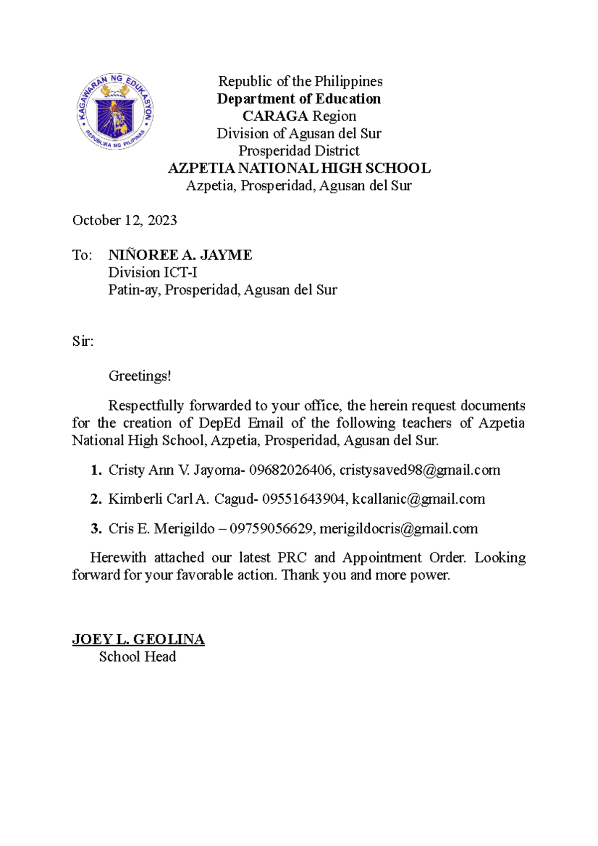 Request for Creation of DepEd Email for Teachers - AZPETIA NH - 2023 ...