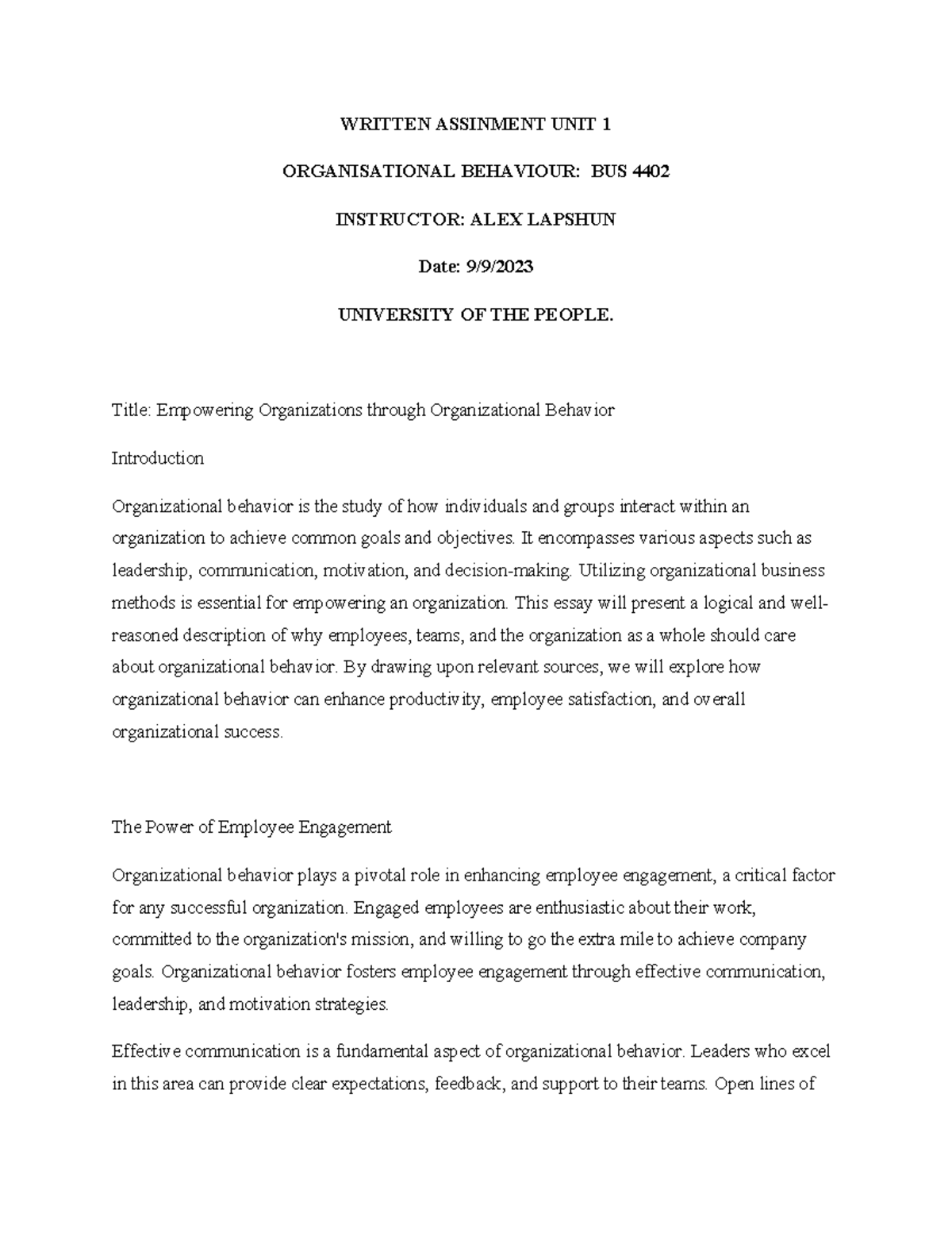 Empowering Organizations: Written Assignment UNIT 1 BUS 4402 - Studocu