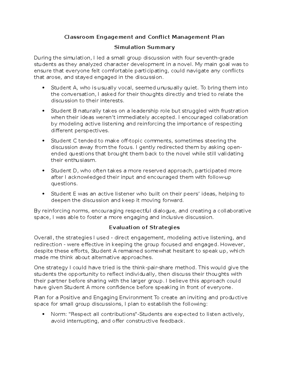 D661 Classroom Engagement & Conflict Management Plan Summary - Studocu
